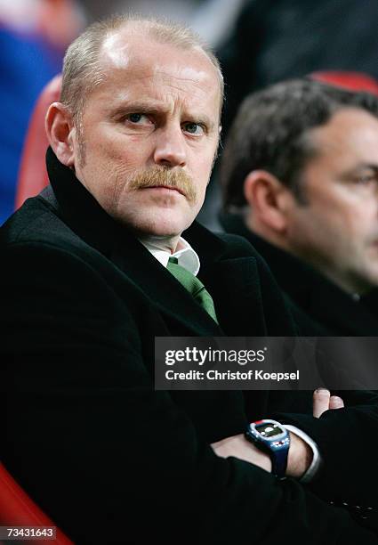 Head coahc Thomas Schaaf of Bremen looks on during the UEFA Cup round of 32 second leg match between Ajax Amsterdam and Werder Bremen at the...