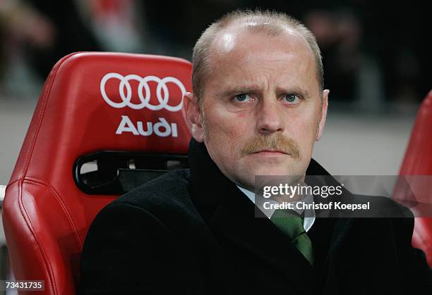 Head coahc Thomas Schaaf of Bremen looks on during the UEFA Cup round of 32 second leg match between Ajax Amsterdam and Werder Bremen at the...