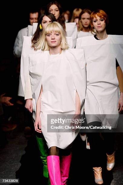 Model walks down the catwalk during the Maison Martin Margiela fashion show as part of Paris Fashion Week Autumn/Winter 2008 on February 26, 2007 in...