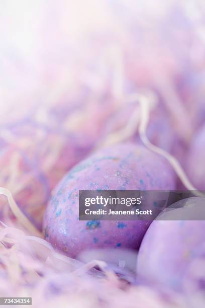 purple candy easter eggs in purple nest, close-up - puple stock pictures, royalty-free photos & images