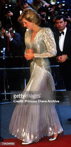 Princess Diana arrives for the London premiere of the James Bond film 'A View To A Kill' at the Empire, Leicester Square, July 1985. She is wearing a...