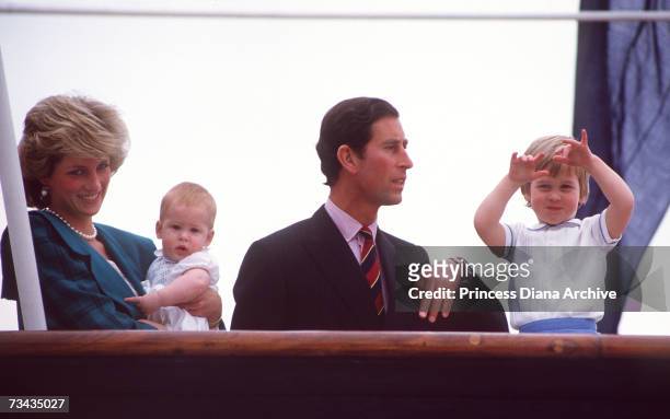 Princess Diana , Prince Charles and their sons Prince Harry and William leaving Italy on board the royal yacht Brittania after a tour, April 1985....