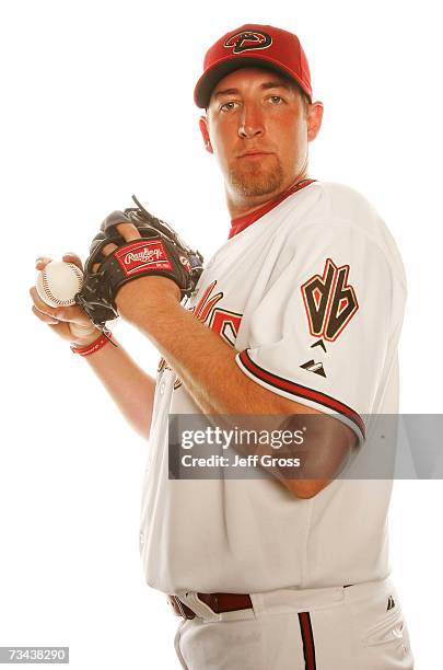 Pitcher Brandon Webb of the Arizona Diamondbacks poses for a portrait during Arizona Diamondbacks Photo Day at Tucson Electric Park on February 27,...