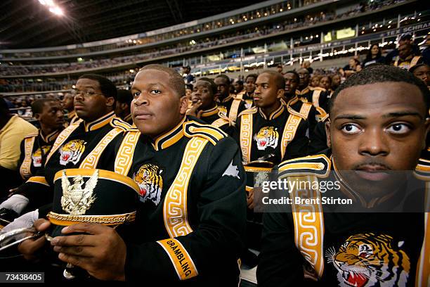 Members of the Grambling State University marching band watch as the Dallas Cowboys host the Washington Redskins at Texas Stadium in Dallas, Texas on...