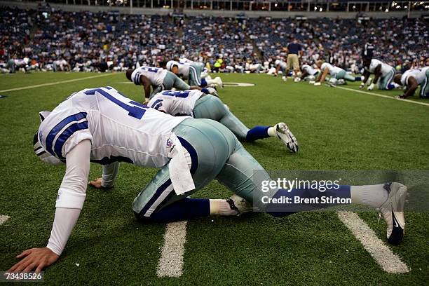 The Dallas Cowboys football team warm up before a match against the Washington Redskins at Texas Stadium in Dallas, Texas on September 17, 2006....