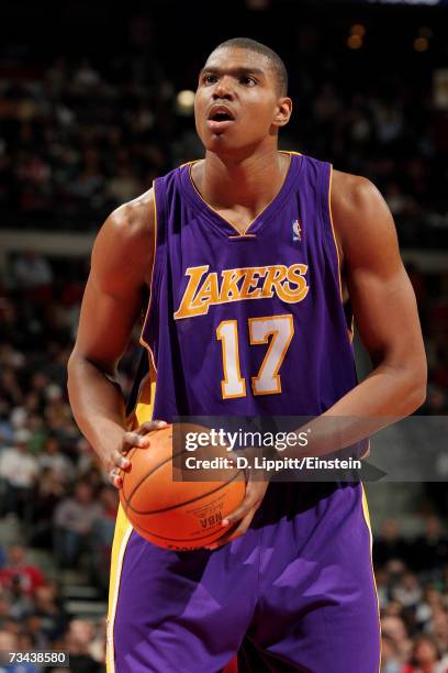 Andrew Bynum of the Los Angeles Lakers prepares to shoot a free throw against the Detroit Pistons on February 8, 2007 at the Palace of Auburn Hills...