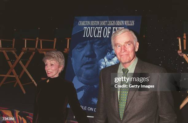 Actors Janet Leigh and Charlton Heston attend the screening of the restored version of Orson Welles'' classic film, "Touch Of Evil" November 9, 2000...