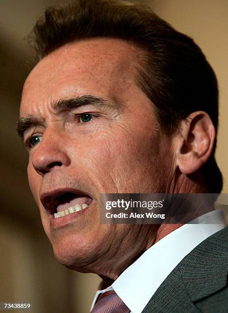 California Gov. Arnold Schwarzenegger speaks during a briefing after his meeting with U.S. Speaker of the House Rep. Nancy Pelosi February 27, 2007...