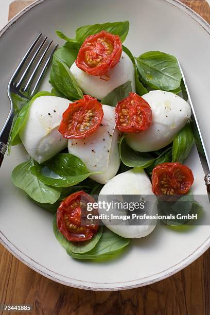 insalata caprese (tomatoes with mozzarella and basil) - insalata stock-fotos und bilder