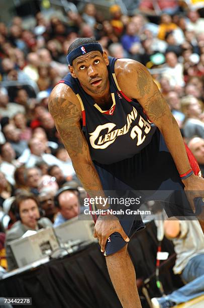 LeBron James of the Cleveland Cavaliers is on the court during the game against the Los Angeles Lakers on February 15, 2007 at Staples Center in Los...