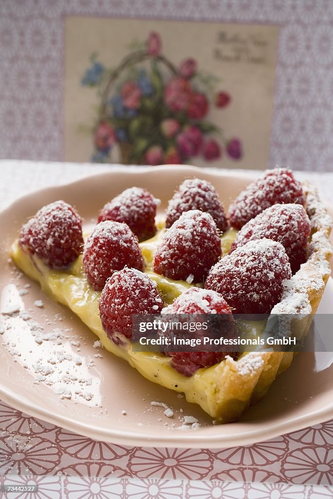 Piece of raspberry tart with vanilla cream