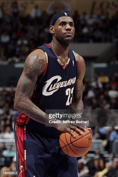 LeBron James of the Cleveland Cavaliers prepares to shoot a free throw during a game against the Los Angeles Lakers at Staples Center on February 15,...