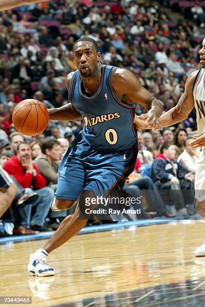 Gilbert Arenas of the Washington Wizards drives against the New Jersey Nets on February 27, 2007 at Continental Airlines Arena in East Rutherford,...