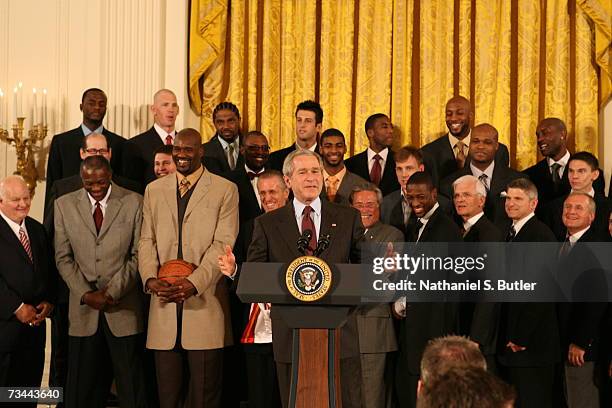 President George W. Bush speaks as he greets members of the 2006 NBA Champions Miami Heat during their visit to the White House on February 27, 2007...