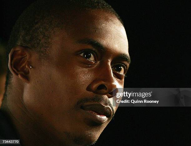 Shawn Crawford of the USA looks on during the Athletics Australia John Landy Lunch Club and Melbourne Telstra A-Series Media Conference at the...