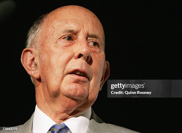 John Landy of Australia speaks during the Athletics Australia John Landy Lunch Club and Melbourne Telstra A-Series Media Conference at the Sofitel...