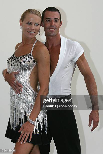 Tatiana Grigorieva and her dance partner from"Dancing with the Stars" Brendan Humphreys pose together during the Athletics Australia John Landy Lunch...