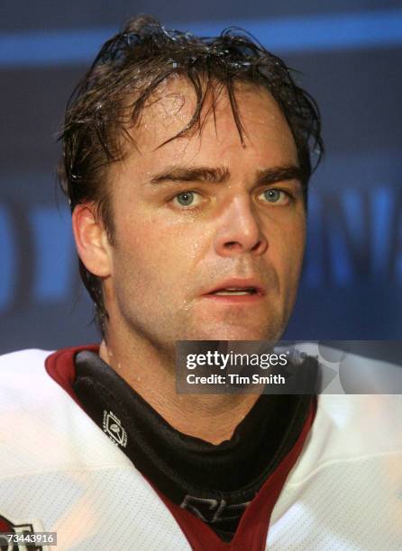Goalie Curtis Joseph of the Phoenix Coyotes speaks to the media after the Coyotes shut out the Edmonton Oilers on February 27, 2007 at Rexall Place...