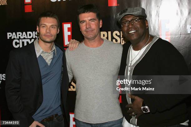 Television personalities Ryan Seacrest, Simon Cowell and Randy Jackson attend the launch party for season three of "The Girls Next Door" at the...