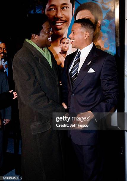 Actors Bernie Mac and Terrence Howard arrive at a special screening of the Lionsgate film "Pride" at the Prince Theater February 27, 2007 in...