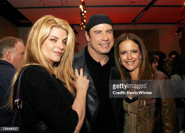Actors Kirstie Alley, John Travolta and his wife Kelly Preston pose at the afterparty for the premiere of Touchstone Picture's "Wild Hogs" at the...