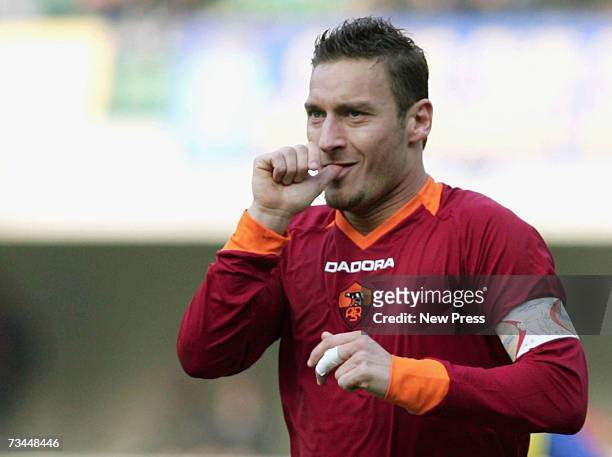 Francesco Totti of Roma celebrates his goal during the match between Chievo and Roma at the Stadio Marc Antonio Bentegodi on February 28, 2007 in...