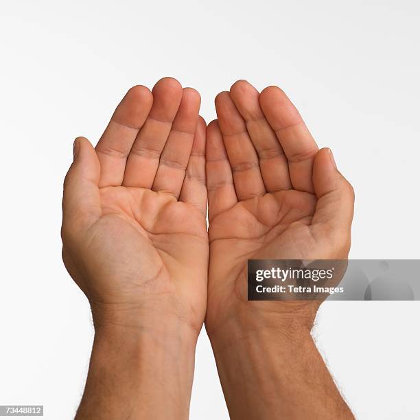 close up studio shot of man's cupped hands - mão em forma de concha - fotografias e filmes do acervo