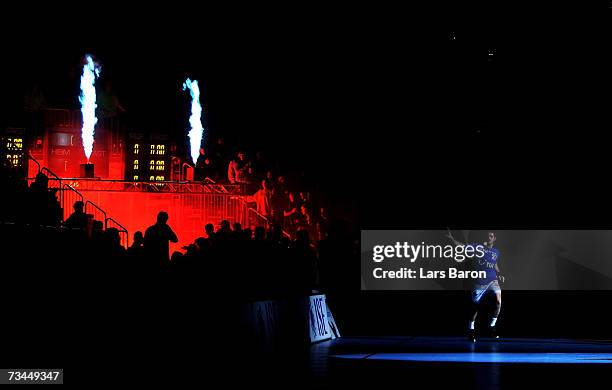 Alexis Alvanos of Gummersbach walks on to the pitch during the Bundesliga game between VFL Gummersbach and SG Flensburg Handewitt at the Cologne...