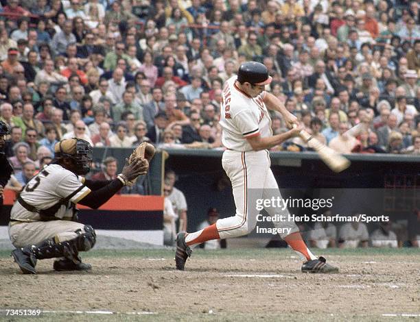 Brooks Robinson of the Baltimore Orioles batting against the Pittsburgh Pirates during the 1971 World Series on October 16, 1971 in Baltimore,...