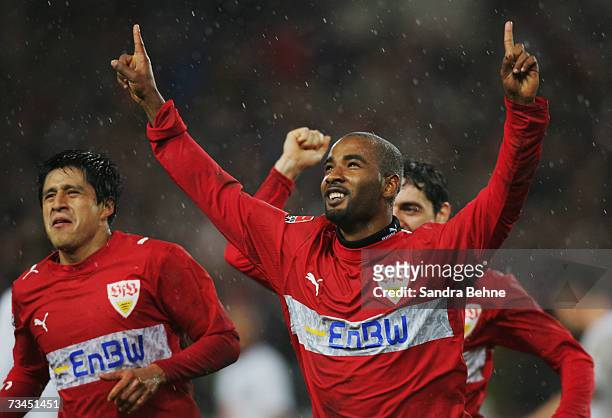 Cacao of Stuttgart celebrates after scoring the opening goal during the DFB German Cup quarter final match between VfB Stuttgart and Hertha BSC...