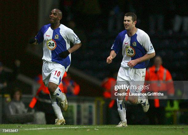 Benni McCarthy of Blackburn Rovers runs towards the bench in celebration after scoring the winning goal during the FA Cup sponsored by E.ON 5th Round...