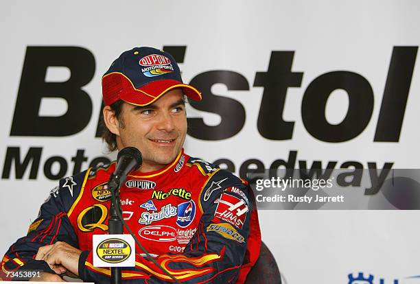 Jeff Gordon, driver of the 24 Dupont Chevrolet, speaks with the media during NASCAR Car of Tomorrow testing at Bristol Motor Speedway on February 28,...