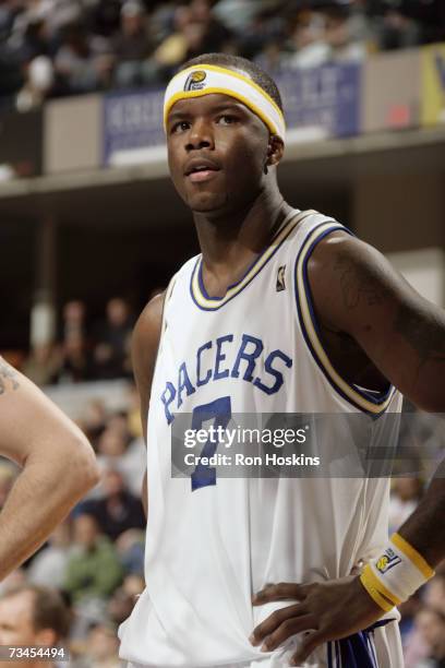 Jermaine O'Neal of the Indiana Pacers looks on during a game against the Sacramento Kings at Conseco Fieldhouse on February 25, 2007 in Indianapolis,...