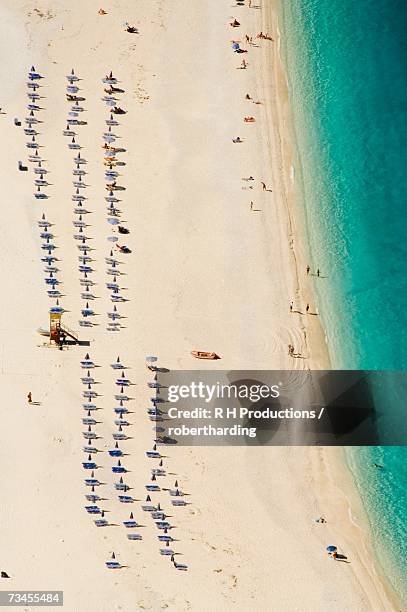 myrtos beach, the best beach for sand near assos, kefalonia (cephalonia), greece, europe - beach rescue aerial stockfoto's en -beelden