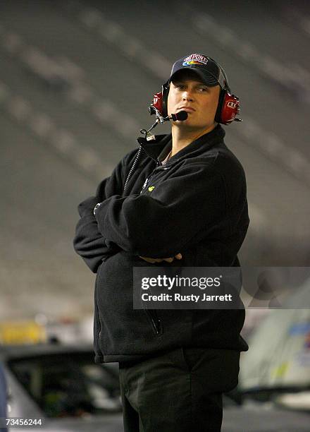 Steve LaTarte, crew chief of the Dupont Chevrolet watches testing during NASCAR Car of Tomorrow testing at Bristol Motor Speedway on February 28,...