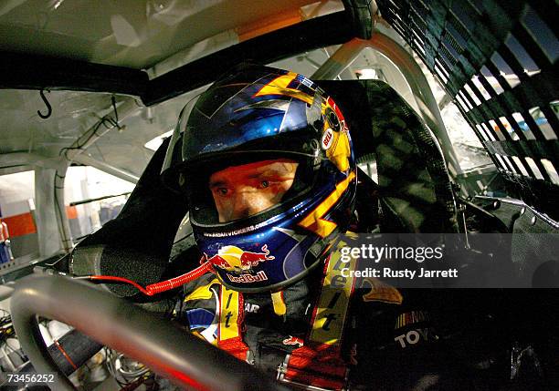 Brian Vickers, driver of the Red Bull Toyota in his car during NASCAR Car of Tomorrow testing at Bristol Motor Speedway on February 28, 2007 in...