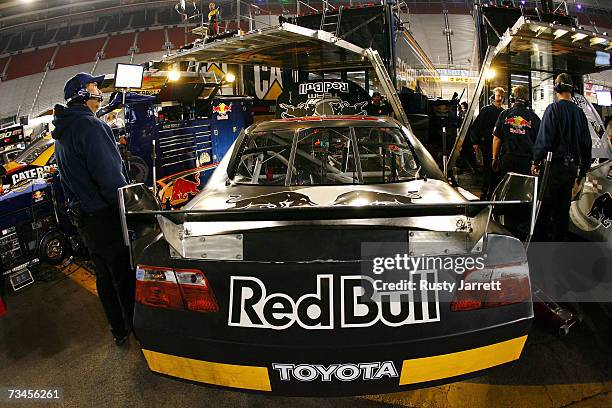 Allmendinger driver of the Red Bull Toyota in his pit area during NASCAR Car of Tomorrow at Bristol Motor Speedway on February 28, 2007 in Bristol,...