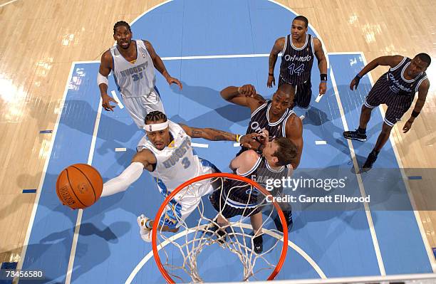 Allen Iverson of the Denver Nuggets goes to the basket against the Orlando Magic on February 28, 2007 at the Pepsi Center in Denver, Colorado. NOTE...