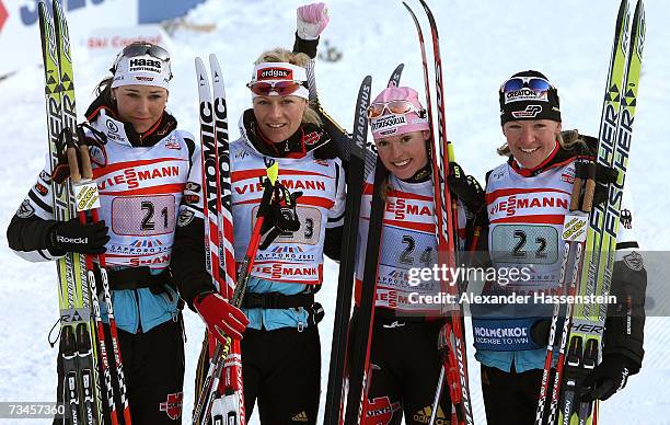 Stefanie Boehler, Claudia Kuenzel-Nystad, Evi Sachenbacher Stehle and Viola Bauer of Germany posing after winning the Silver Medal in the Women Relay...