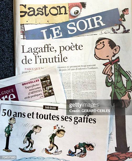 Picture showing front pages of Belgium newpapers featuring Gaston Lagaffe, the famous character created by Belgian cartoonist Andre Franquin taken,...