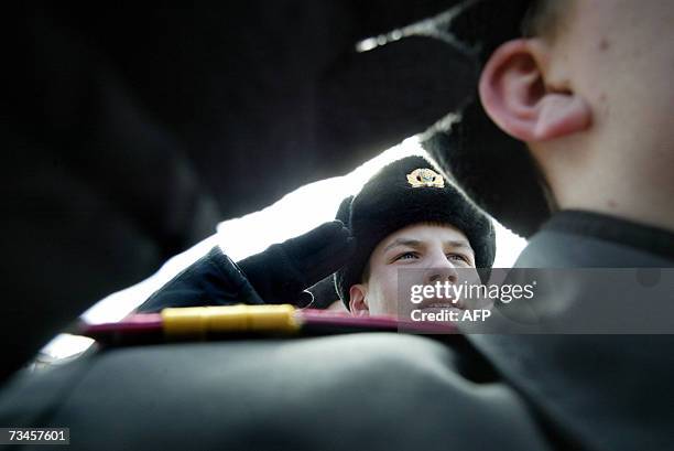 Cadets salute during goose-step lessons at the Military Lycee in the eastern Ukrainian city of Donetsk 28 February, 2007. About 300 cadets aged 15 to...