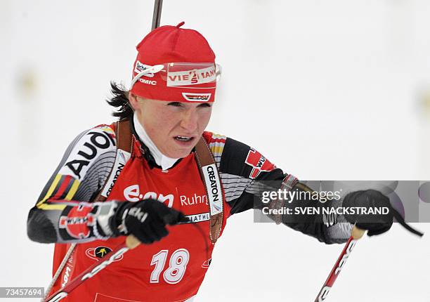 Lahti , FINLAND: Andrea Henkel of Germany skies to win the IBU Womens 15 km Biathlon in Lahti, Finland, 28 February 2007. In second place was...