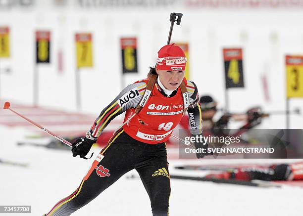 Lahti , FINLAND: Andrea Henkel of Germany leaves a shooting on her way to victory in the IBU Womens 15 km Biathlon in Lahti, Finland, 28 February...