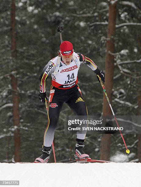Lahti , FINLAND: Kati Wilhelm of Germany skies to a third place during the IBU Women 15 km Biathlon in Lahti, 28 February 2007. Andrea Henkel of...