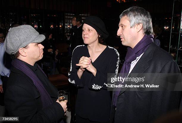 Director Olivier Dahan, Picturehouse Sr. VP of acquisitions Sara Rose and producer Alain Goldman talk at a reception hosted by Picturehouse for "La...