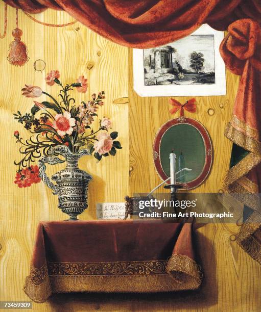 Still life of a vase of flowers, a candle and a note on a shelf. The note bears the name of the artist, Antonio Gianlisi. Artist dates: 1677