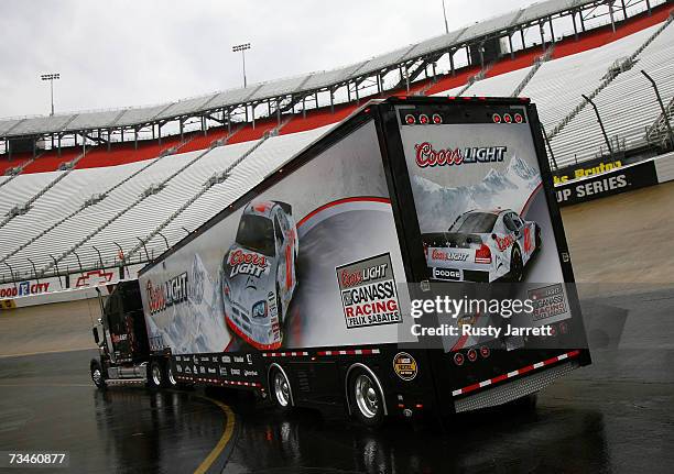 The Ganassi Racing Coors Light Hauler leaves the speedway after Car of Tomorrow testing is ended due to rain, during NASCAR Car of Tomorrow testing...