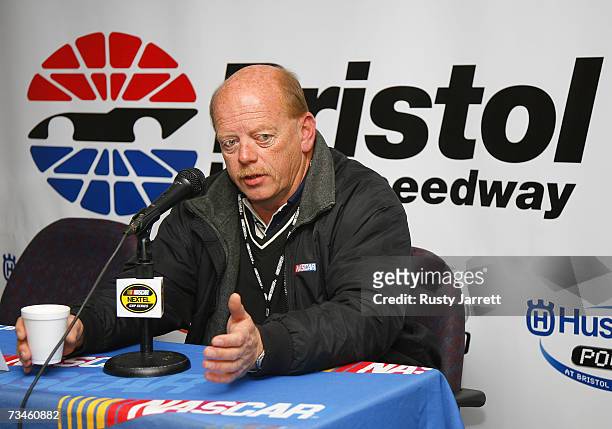 John Darby, NASCAR Nextel Cup Series Director speaks to the media after rain began to fall, during NASCAR Car of Tomorrow testing at Bristol Motor...