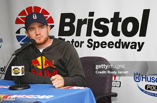 Brian Vickers, driver of the Red Bull Toyota speaks with the media after rain began to fall, during NASCAR Car of Tomorrow testing at Bristol Motor...