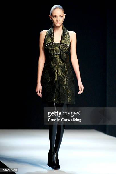 Model walks the catwalk during the Hussein Chalayan fashion show as part of Paris Fashion Week Autumn/Winter 2008 on February 28, 2007 in Paris,...